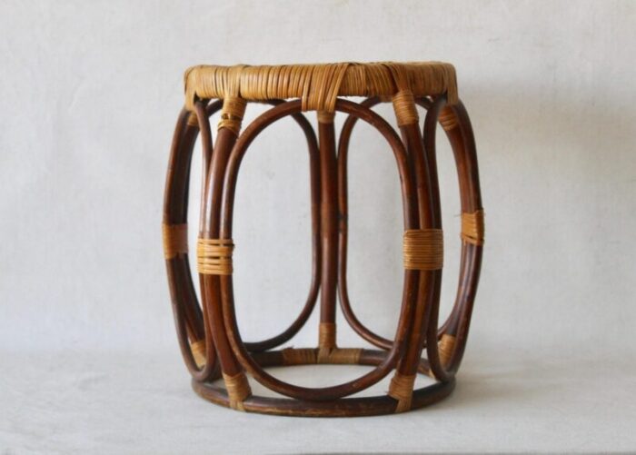 mcguire style rattan taboret drum stool of bentwood cane wicker mid century vintage 5214