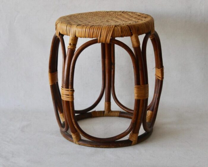 mcguire style rattan taboret drum stool of bentwood cane wicker mid century vintage 5559