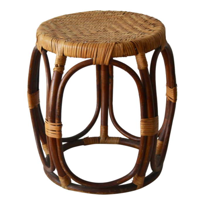 mcguire style rattan taboret drum stool of bentwood cane wicker mid century vintage 7637