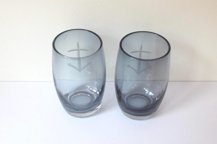 mid 20th century blue etched anchor sailing glasses cocktail glasses set of 2 5861