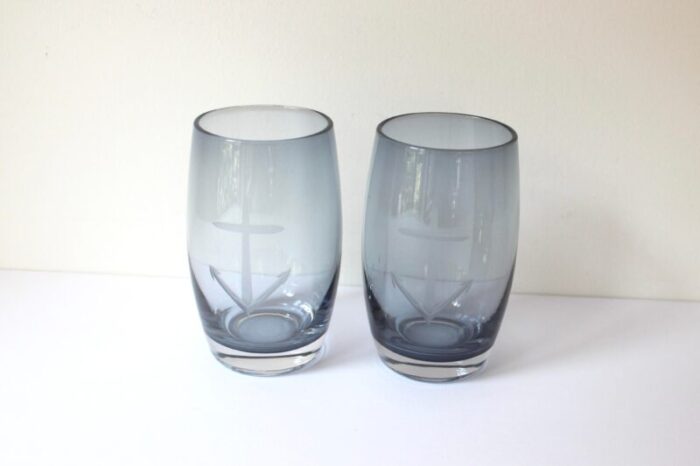 mid 20th century blue etched anchor sailing glasses cocktail glasses set of 2 7809