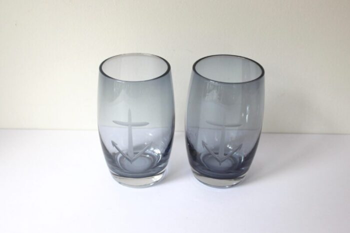 mid 20th century blue etched anchor sailing glasses cocktail glasses set of 2 8931