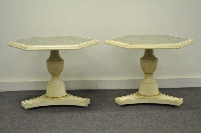 mid 20th century hollywood regency mosaic glass tile top low pedestal side tables a pair 1027