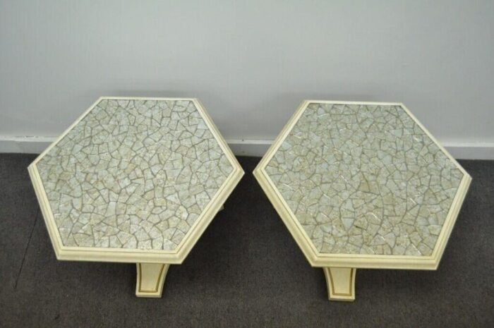 mid 20th century hollywood regency mosaic glass tile top low pedestal side tables a pair 1259