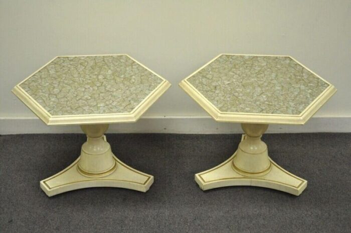 mid 20th century hollywood regency mosaic glass tile top low pedestal side tables a pair 3402