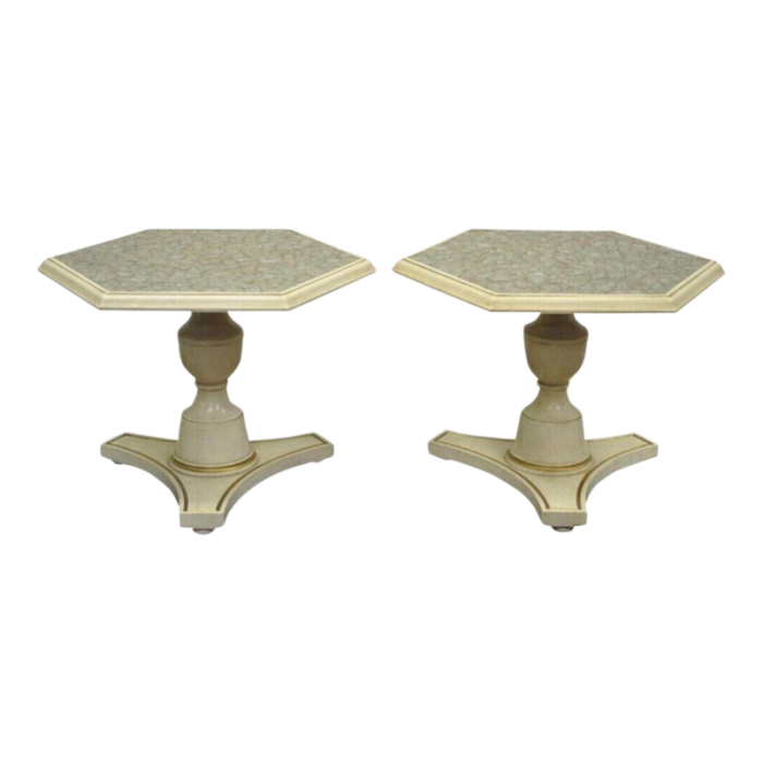 mid 20th century hollywood regency mosaic glass tile top low pedestal side tables a pair 8639