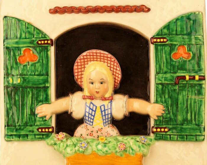 mid 20th century rural decorative wall porcelain of a girl looking through window made by trevir from vincenza italy 2423