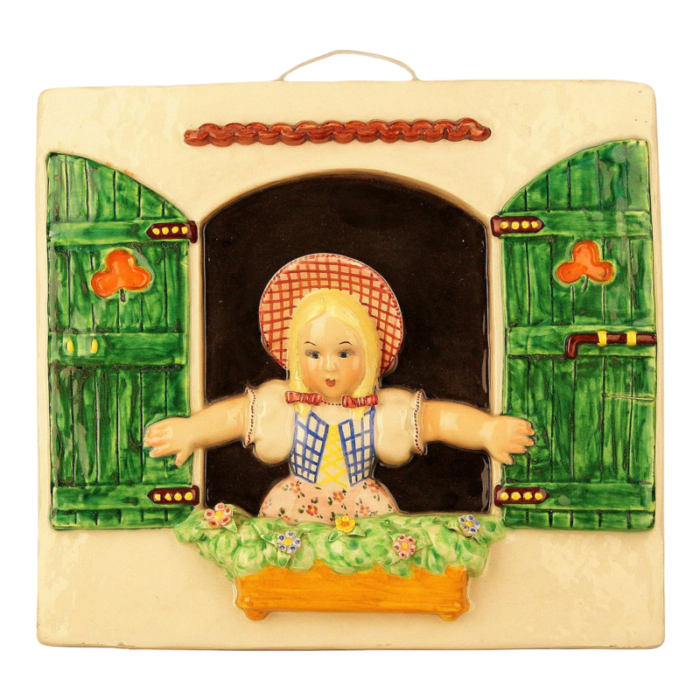 mid 20th century rural decorative wall porcelain of a girl looking through window made by trevir from vincenza italy 6752