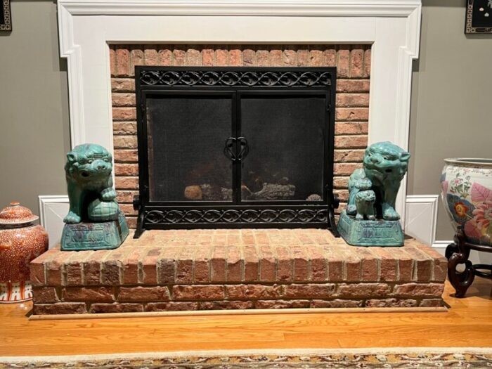 mid 20th century tony duquette ceramic mid century foo dog statues set of 2 1606