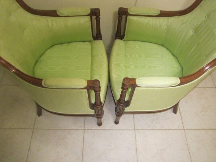 mid 20th century vintage empire carved wood frame sage green satin fabric cushion arm chairs set 2 0566