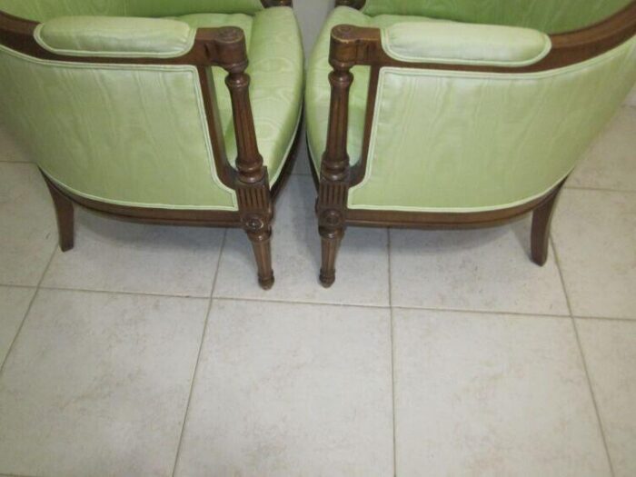 mid 20th century vintage empire carved wood frame sage green satin fabric cushion arm chairs set 2 0836