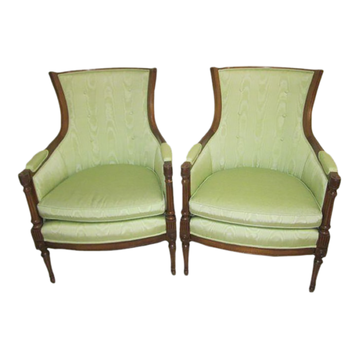 mid 20th century vintage empire carved wood frame sage green satin fabric cushion arm chairs set 2 1396