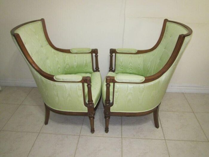 mid 20th century vintage empire carved wood frame sage green satin fabric cushion arm chairs set 2 4744