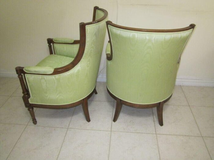 mid 20th century vintage empire carved wood frame sage green satin fabric cushion arm chairs set 2 5122