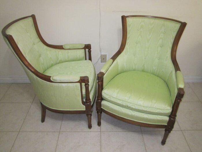 mid 20th century vintage empire carved wood frame sage green satin fabric cushion arm chairs set 2 6300