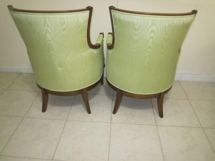 mid 20th century vintage empire carved wood frame sage green satin fabric cushion arm chairs set 2 8368