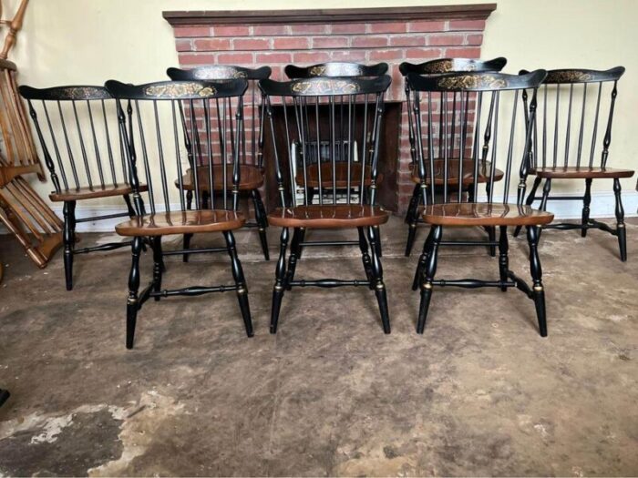 mid 20th century vintage l hitchcock stenciled fan top windsor dining chairs set of 8 4003