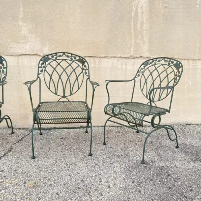 mid 20th century wrought iron green woodard rose style garden patio springer chairs set of 4 0679