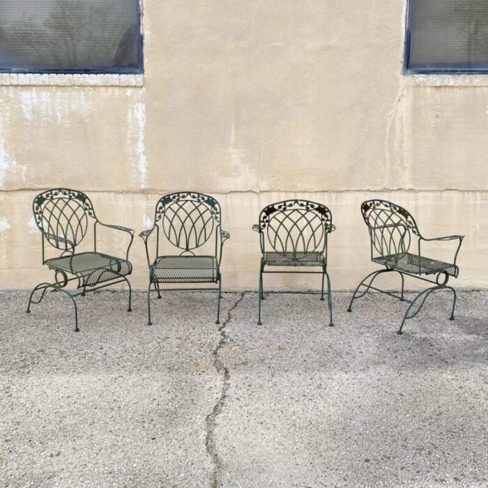 mid 20th century wrought iron green woodard rose style garden patio springer chairs set of 4 3976