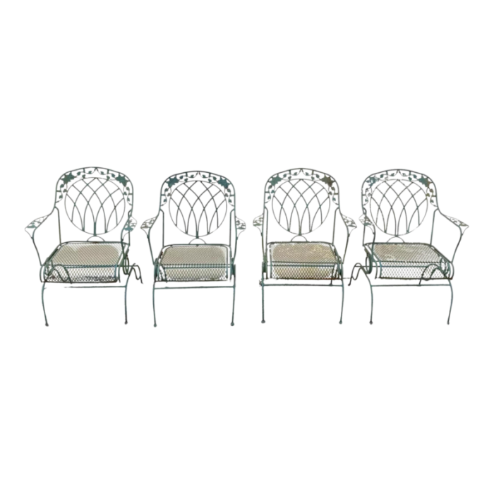 mid 20th century wrought iron green woodard rose style garden patio springer chairs set of 4 6415