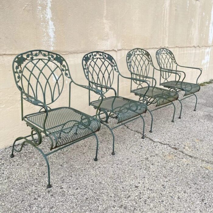 mid 20th century wrought iron green woodard rose style garden patio springer chairs set of 4 7112