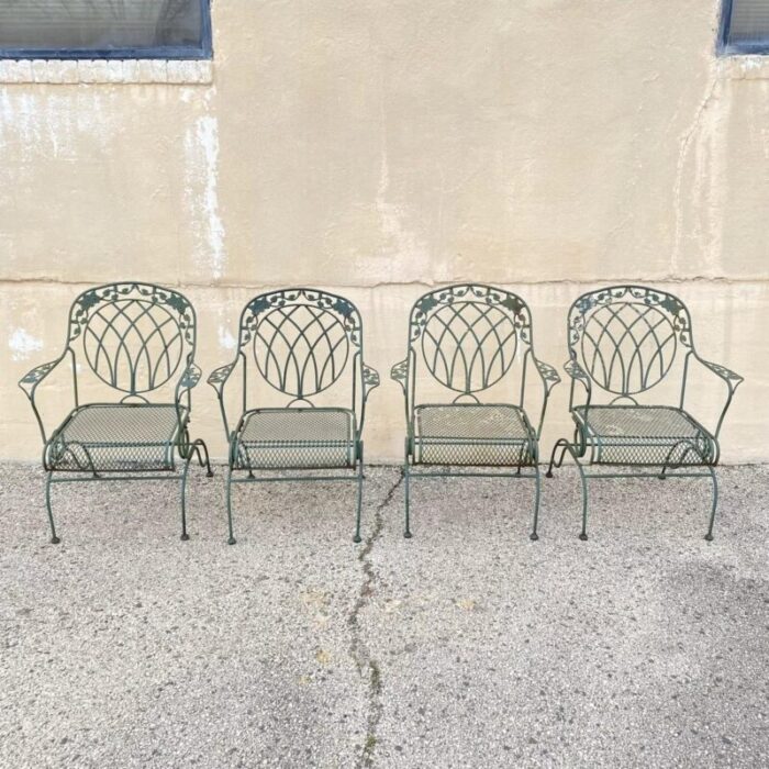 mid 20th century wrought iron green woodard rose style garden patio springer chairs set of 4 9342