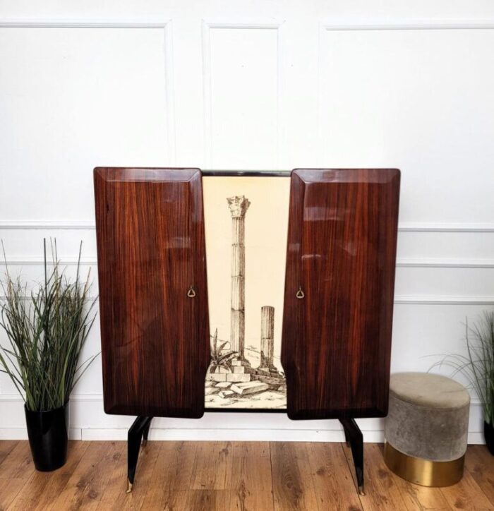 mid century art deco italian tall wood brass decorated dry bar cabinet 1960s 0124