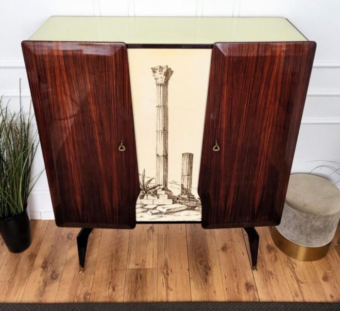 mid century art deco italian tall wood brass decorated dry bar cabinet 1960s 0132