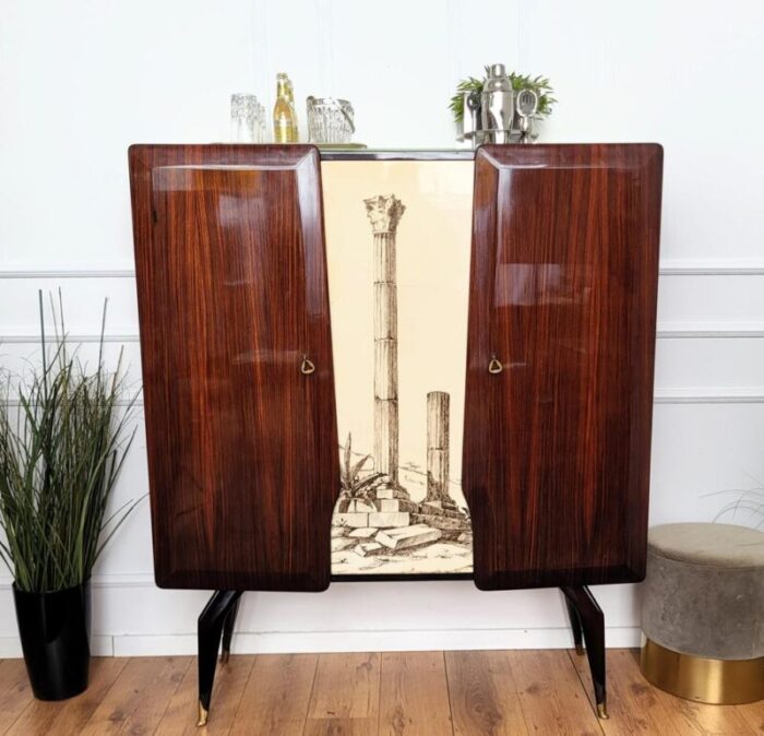 mid century art deco italian tall wood brass decorated dry bar cabinet 1960s 6357