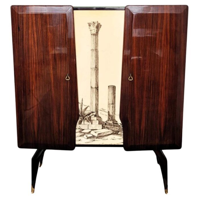 mid century art deco italian tall wood brass decorated dry bar cabinet 1960s 7616