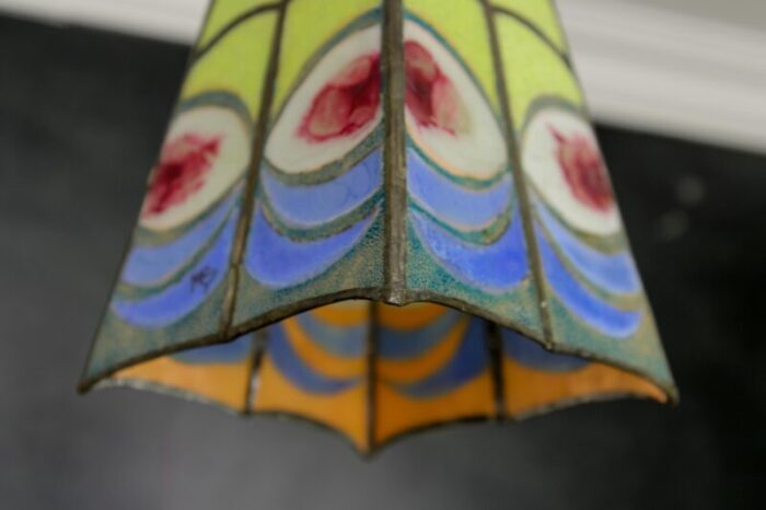 mid century blue yellow and red stained glass pendant light 1970s 2695