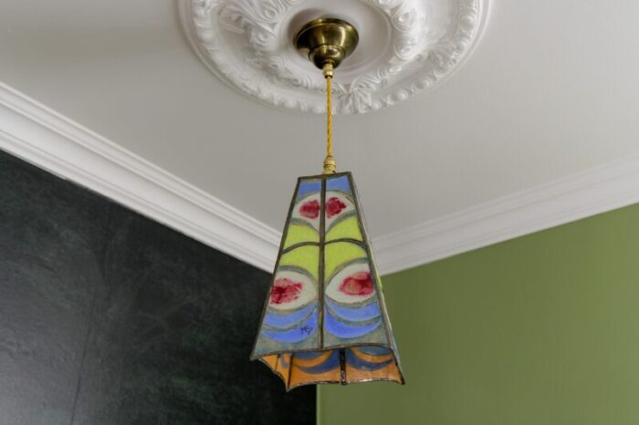 mid century blue yellow and red stained glass pendant light 1970s 3797