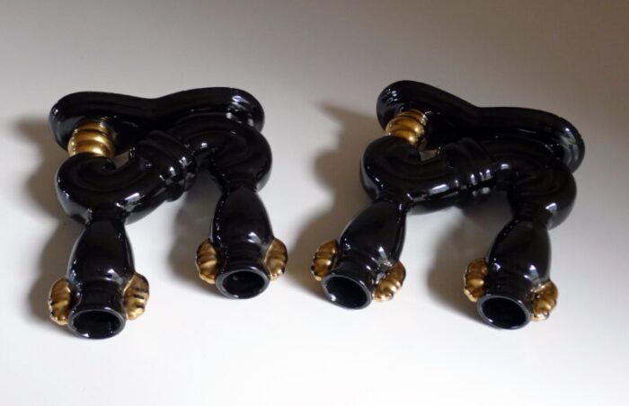 mid century candlesticks in black and gold earthenware 1950s set of 2 6092