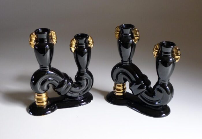 mid century candlesticks in black and gold earthenware 1950s set of 2 9150