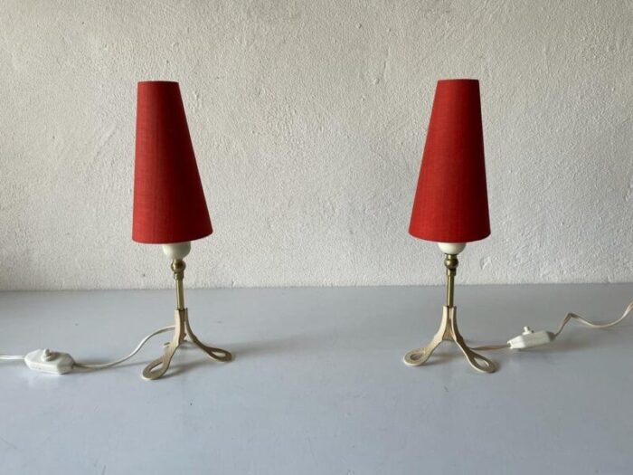 mid century german red fabric shade white metal tripod bedside lamps 1950s 1