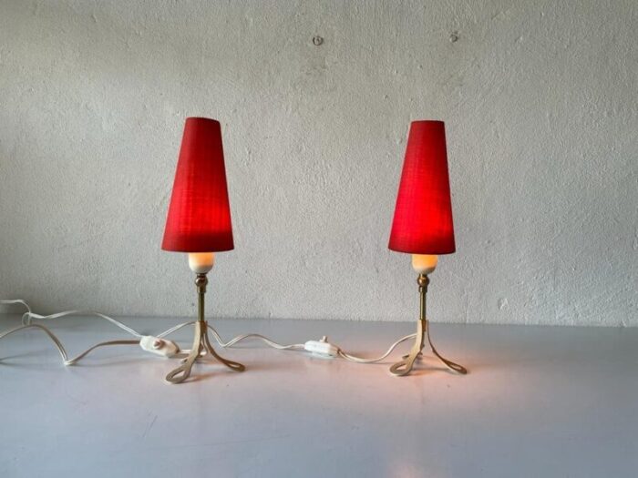 mid century german red fabric shade white metal tripod bedside lamps 1950s 10