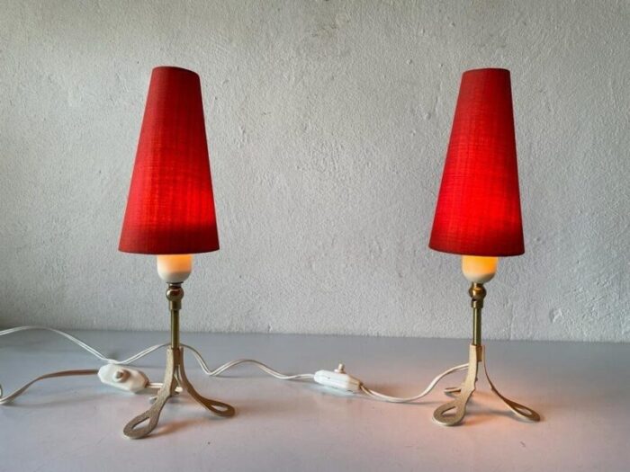 mid century german red fabric shade white metal tripod bedside lamps 1950s 2