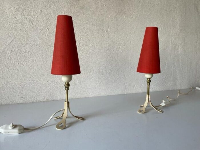 mid century german red fabric shade white metal tripod bedside lamps 1950s 3