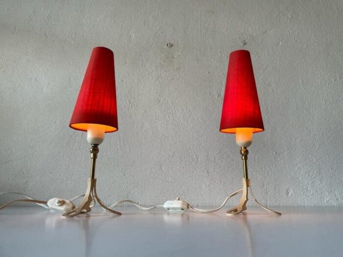 mid century german red fabric shade white metal tripod bedside lamps 1950s 5