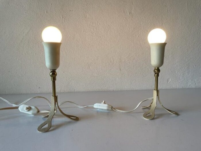 mid century german red fabric shade white metal tripod bedside lamps 1950s 7