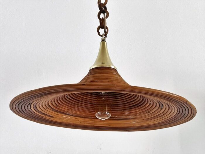 mid century italian bamboo rattan and brass pendant lamp 1970s 10