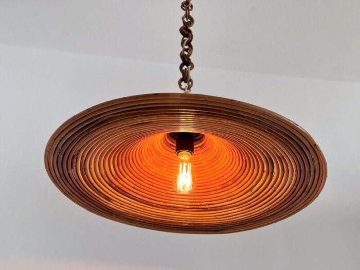 mid century italian bamboo rattan and brass pendant lamp 1970s 12