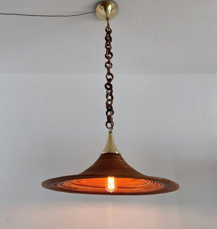 mid century italian bamboo rattan and brass pendant lamp 1970s 13