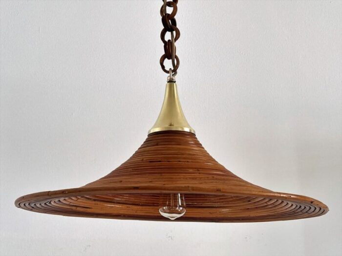 mid century italian bamboo rattan and brass pendant lamp 1970s 2