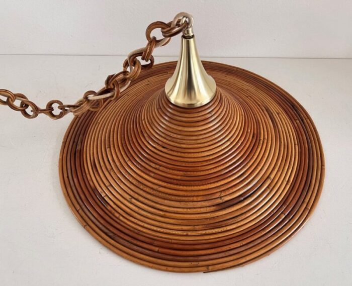 mid century italian bamboo rattan and brass pendant lamp 1970s 5