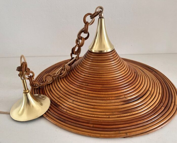 mid century italian bamboo rattan and brass pendant lamp 1970s 6