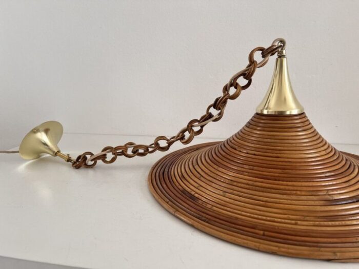 mid century italian bamboo rattan and brass pendant lamp 1970s 7