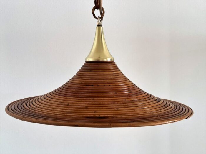 mid century italian bamboo rattan and brass pendant lamp 1970s 9