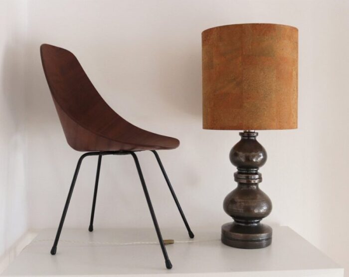 mid century italian ceramic table lamp with cork lampshade by aldo londi for bitossi 1960s 6