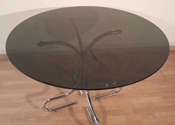 mid century italian chrome and steel coffee table with round smoked glass top 1960s 0747